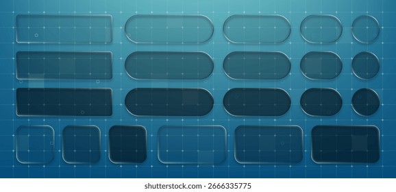 Morfismo de vidrio líquido Botones de Vector, varias Formas. Conjunto de Elementos de interfaz de usuario y diseño de experiencia de usuario para App de Web.