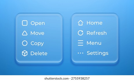 Liquid glass morphism vector interface with menu icons. Frosted plastic effect web element design. Modern blue button set for application navigation, user experience and mobile menu.