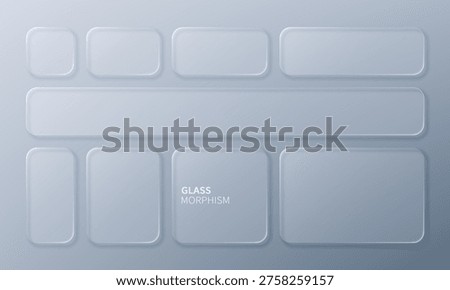 Liquid glass morphism vector panel with rounded rectangular shapes. Semi transparent frosted UI elements for website application interface. Modern minimalist overlay design template.
