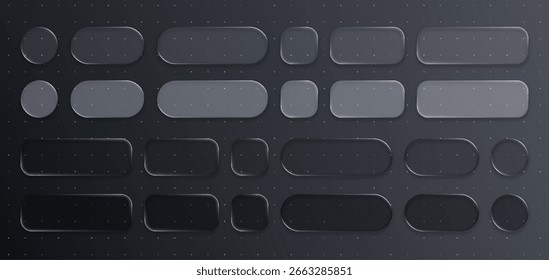 Botões de ui de vetor de morfismo de vidro líquido em fundo escuro, design de elemento de interface moderno definido com diferentes formas.