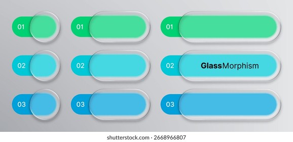 Liquid glass morphism vector UI elements, buttons, and badges in green, blue color with rounded rectangle shapes. Modern interface components. - Powered by Shutterstock - Get 15% off with code: PIKWIZARD15