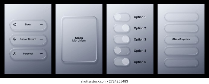 Liquid glass morphism vector ui elements. User interface design with clear frosted glass effect. Modern ux elements for website.