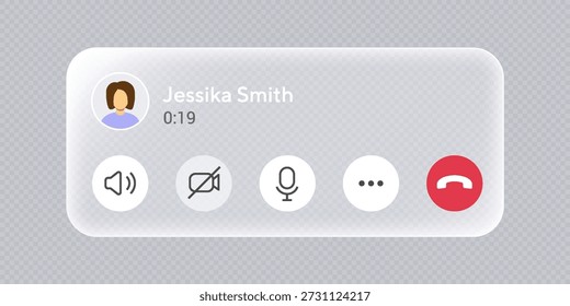 Liquid glass notification push on transparent background. Incoming call screen interface, push notification button. Audio call screen mockup with sound button, message and mic icons, vector.