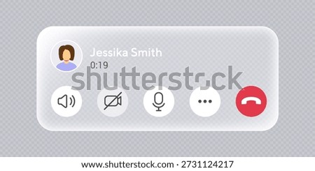 Liquid glass notification push on transparent background. Incoming call screen interface, push notification button. Audio call screen mockup with sound button, message and mic icons, vector.