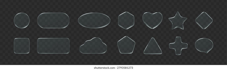 Liquid glass shape circle, rounded rectangle, oval, hexagon, heart, star, cloud, pentagon, triangle, plus sign and speech bubble on dark transparent background. Glossy glassmorphism 3D button for mobile apps, websites, and user interface.