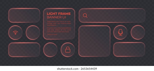 Liquid glass smartphone icon interface isolated for dark theme. Red ui light frame square and circle banner with glow stroke. Abtsract widget template for smartphone and web app, vector illustration.