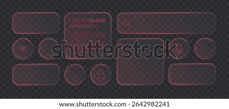 Liquid glass smartphone icon interface isolated for dark theme. Red ui light frame square and circle banner with glow stroke. Control center widget for smartphone and web app, vector illustration.