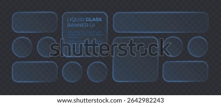 Liquid glass smartphone interface isolated for dark theme. Blue ui light frame square and circle banner with glow stroke. Control center widget for smartphone and web app, vector illustration.
