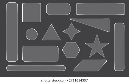 Liquid glass smartphone interface. Multiple liquid glass panels and elements set. Modern UI and UX design concept. Transparent frames and buttons for web interfaces. Rectangular frosted glass elements