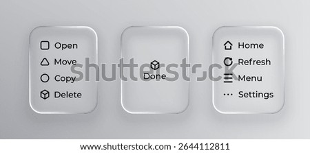 Liquid glass style buttons for user interface. Transparent menu elements. Frosted glass user experience concept.
