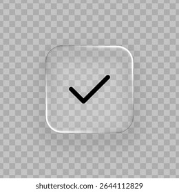 Ícone de marca de seleção de estilo de vidro líquido com cantos arredondados. Concluir o design da tarefa ou corrigir o elemento gráfico de resposta para a Web e a interface do usuário.