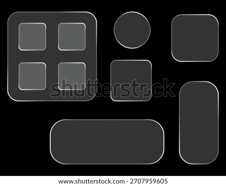 A liquid glass style graphic set featuring glossy rounded panels, smooth square blocks and soft glow shapes on a dark background. Suitable for digital layouts, creative design projects.