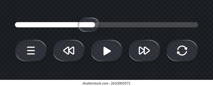 Liquid glass estilo media player interface definido com play, rápido para frente, rebobinar, menu e repetir botões e um controle deslizante para design de IU.