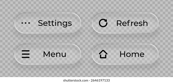 Liquid glass UI buttons feature settings and menu with home and refresh icons for digital interface design.