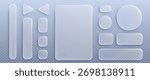 Liquid glass ui design elements set isolated on transparent background. Vector realistic illustration of rectangle, round, triangle shape windows and buttons, computer app interface, game icons