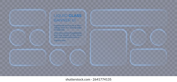 Liquid Glass UI Elements with Neon Blue Glow on Transparent Background in clean minimal style. Perfect for Tech Interfaces, App Design, and Web Layouts. Vector Illustration.