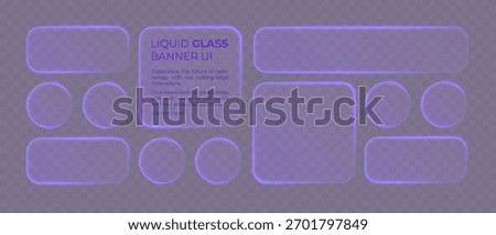 Liquid glass UI elements with neon purple glow on transparent background in clean minimal style. Perfect for Tech Interfaces, App Design, and Web Layouts. Vector Illustration.
