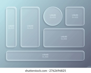 Liquid Glass UI Elements Set with Circle Square and Rectangle – Glassmorphism Rounded Panels and Buttons Modern Soft 3D Vector Illustration
