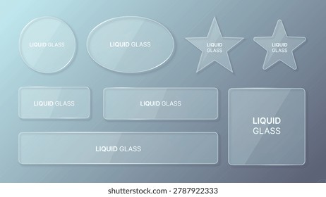 Liquid Glass UI Elements Set with Transparent Glassmorphism Square, Oval, Rectangle and Star Shapes Interface Panels Vector
