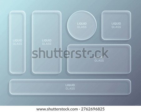 Liquid Glass UI Elements Set with Circle Square and Rectangle – Glassmorphism Rounded Panels and Buttons Modern Soft 3D Vector Illustration