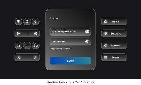 Liquid Glass UI Elements. White Transparent Login Interface and Control Center Widgets for Smartphone and Web App Interface Vector Illustration. - Powered by Shutterstock - Get 15% off with code: PIKWIZARD15