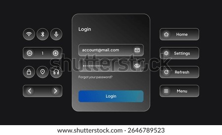 Liquid Glass UI Elements. White Transparent Login Interface and Control Center Widgets for Smartphone and Web App Interface Vector Illustration.