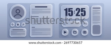 Liquid glass UI kit with neomorphism profile card, text document panel, digital clock widget, search bar and circular icon buttons. Soft shadow interface components for mobile or web applications.