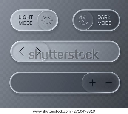 Liquid glass UI kit. Transparent glass buttons with rounded rectangle and circle elements. Vector illustration.