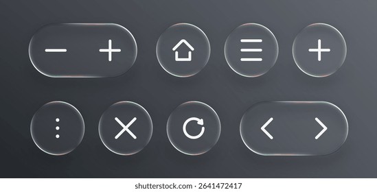 Liquid glass UI kit with various web and app icons. Minimalist user interface elements for modern design. Technology vector illustration. - Powered by Shutterstock - Get 15% off with code: PIKWIZARD15