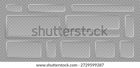 Liquid glass ui rectangle button collection with transparent frame effect - rounded corner boxes with frosted acrylic texture. Modern 3d interface design kit for overlay mockups or web elements.
