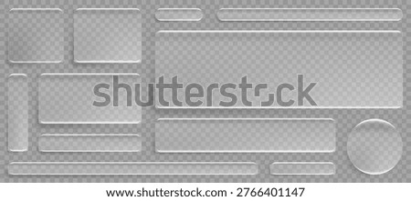 Liquid glass ui rectangle button collection with transparent frame effect - rounded corner boxes with frosted acrylic texture. Modern 3d interface design kit for overlay mockups or web elements.
