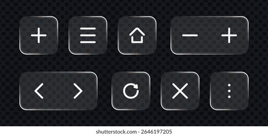 Liquid glass vector icons include plus, menu, home, minus, navigation, reload, close, and dots. User interface elements for app design.