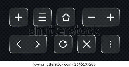 Liquid glass vector icons include plus, menu, home, minus, navigation, reload, close, and dots. User interface elements for app design.