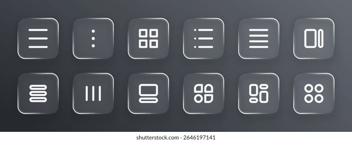 Liquid glass vector icons for user interface design. Abstract set of modern UI symbols. Digital buttons for web or mobile application.