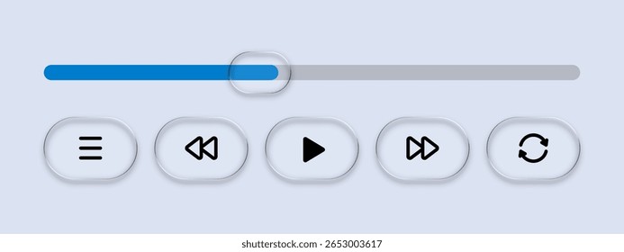 Flüssigglas-Vektor-Media-Player mit Fortschrittsbalken und Steuertasten. Digitales Schnittstellenelement für Audio- oder Videowiedergabe.