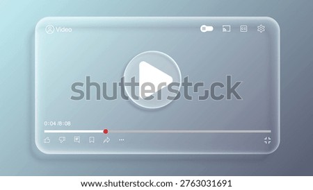 Liquid Glass Video Player UI Template. Transparent Glassmorphism Media Interface for Web and Mobile App Vector Illustration