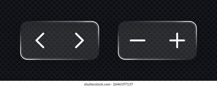 Vidro líquido - como os botões anterior, seguinte, menos e mais em um fundo transparente escuro. Conjunto de elementos de interface do usuário moderna.