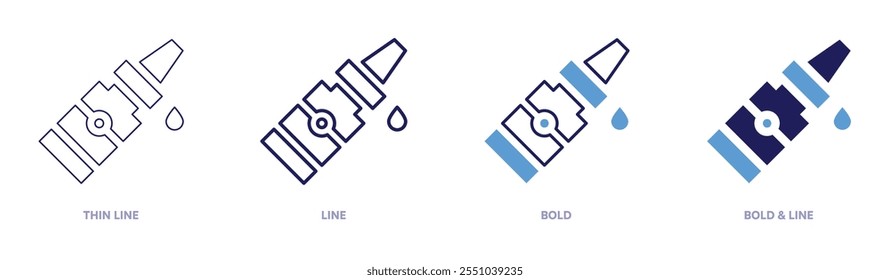 Icono de pegamento líquido en 4 estilos diferentes. Línea delgada, línea, negrita y línea negrita. Estilo duotono. Trazo editable.