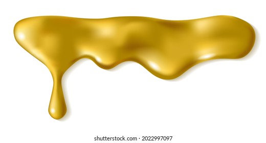 Liquid gold drop isolated on white background. Melted golden icing or oil drip. Realistic 3d horizontal leaking syrup dripping. Top edge border