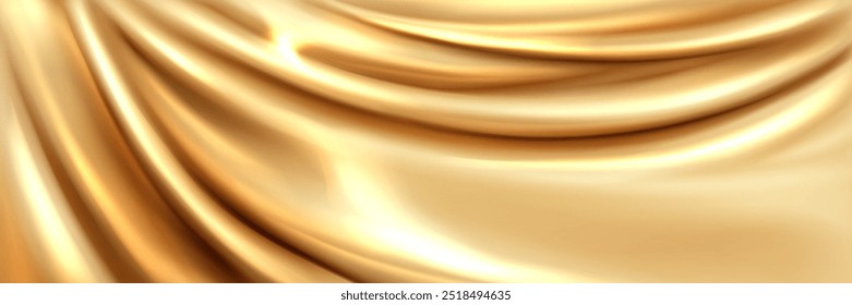 Liquid gold silk fabric. Golden cloth texture background. Abstract luxury shiny satin material with elegant drapery. Wavy foil or metal color silky banner decoration. Royalty gradient champagne ribbon