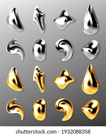 Liquid gold or silver drops, 3d abstract mercury and golden metal drips, paint, cosmetics oil, collagen capsules of different shapes, metallic texture isolated on grey background, Realistic vector set