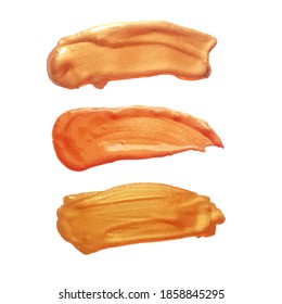 Liquid gold texture.Vector gold paint smear stroke stain set. Abstract metallic texture. Make up swatches. Acrylic color smear