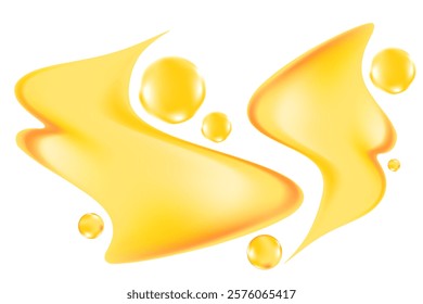 Liquid golden yellow abstract wavy shapes, clear gel texture isolated, transparent background. Fluid fresh splash element with fizz bubbles, glowing organic spilled droplets.