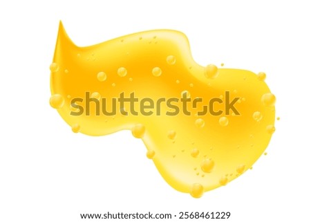Liquid golden yellow serum with micro spheres or gold gel with moisturizing particles isolated, transparent background. Fluid splashes with fizz bubbles, glowing organic spilled oil droplet blot.