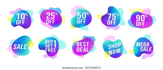 Liquid gradient badge set. Abstract fluid shapes. Colorful liquid badges. Decorative elements for your design, Sale label, New label, Shop Now label. Vector Illustration.