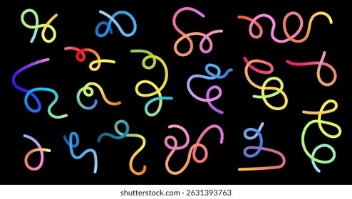 Liquid gradient lines collection. Wavy dynamic swirl vector elements set isolated on black background