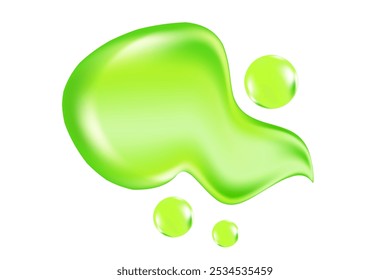 Liquid green aloe vera gel swatch isolated, transparent background. Fluid clear moisturizer, lime green, glowing wet texture organic spilled droplets. Cosmetic essence, beauty treatment element.