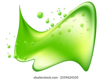 Liquid green clear gel or moisturizer serum isolated, transparent background. Fluid fresh lime green splash element with fizz bubbles, glowing organic spilled droplets.