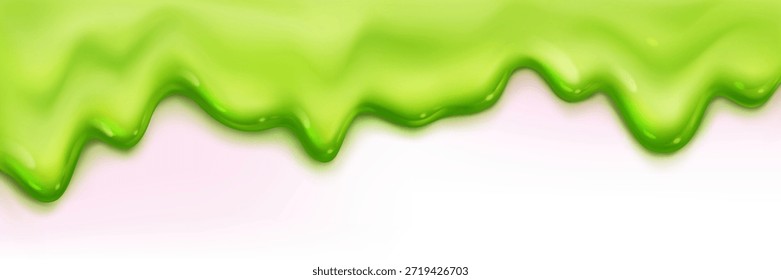 Borde de limo verde líquido aislado sobre fondo blanco. Vector ilustración realista de textura de goteo de jalea tóxica, flujo de manchas pegajosas en la superficie, espeluznantes manchas de jarabe de Halloween, salpicaduras de pintura de buen color