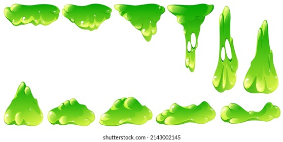 Liquid green slime drip and falling. Vector sprite sheet with cartoon set of splash of poison goo, fluid mucus drops. Illustration of sticky ooze blots isolated on white background